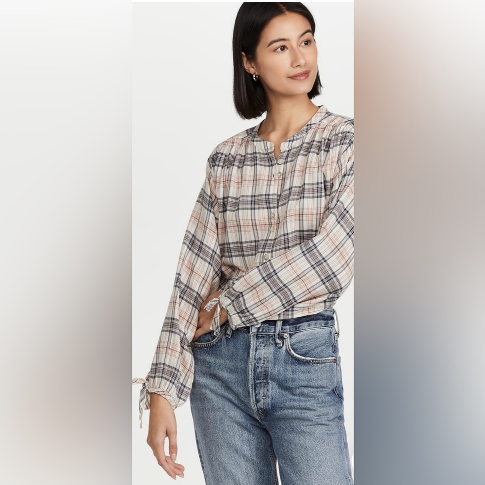 Faherty Long Sleeve Everleigh Top In Cream Ellicott Plaid, Size Small